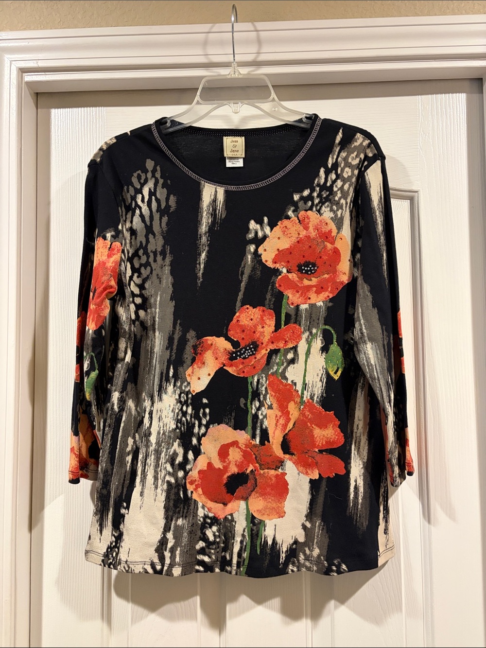 Jess & Jane Long-Sleeve Scoop Neck Top with Orange Floral Poppies new size S - Picture 2 of 5